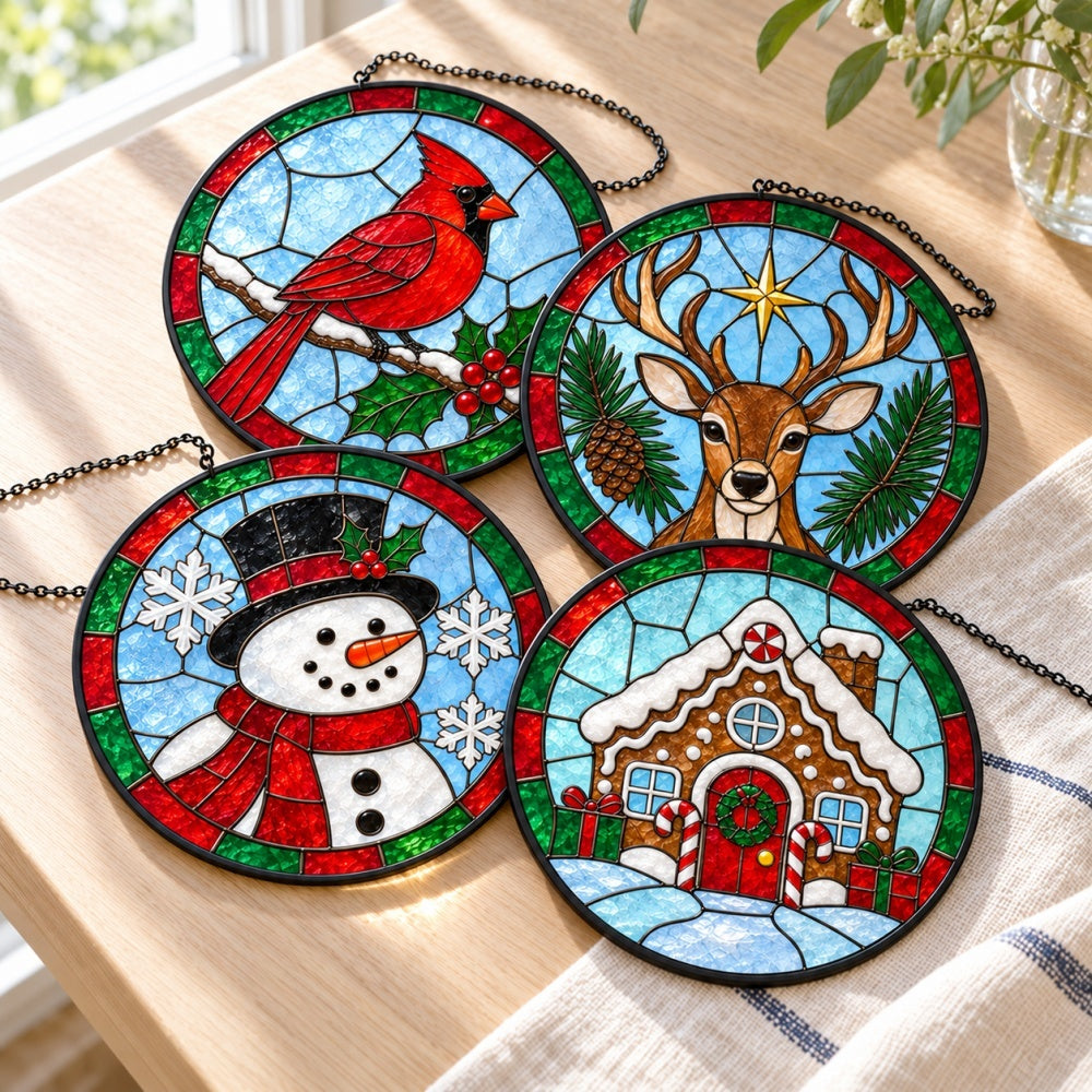 Stained Glass Suncatcher Set of 4 - Woodland Christmas Wonderland