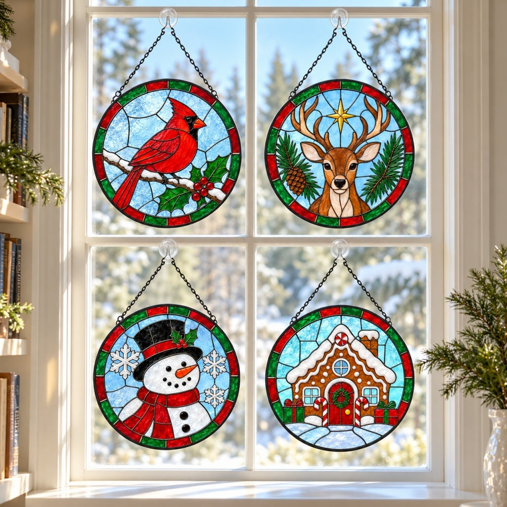 Stained Glass Suncatcher Set of 4 - Woodland Christmas Wonderland