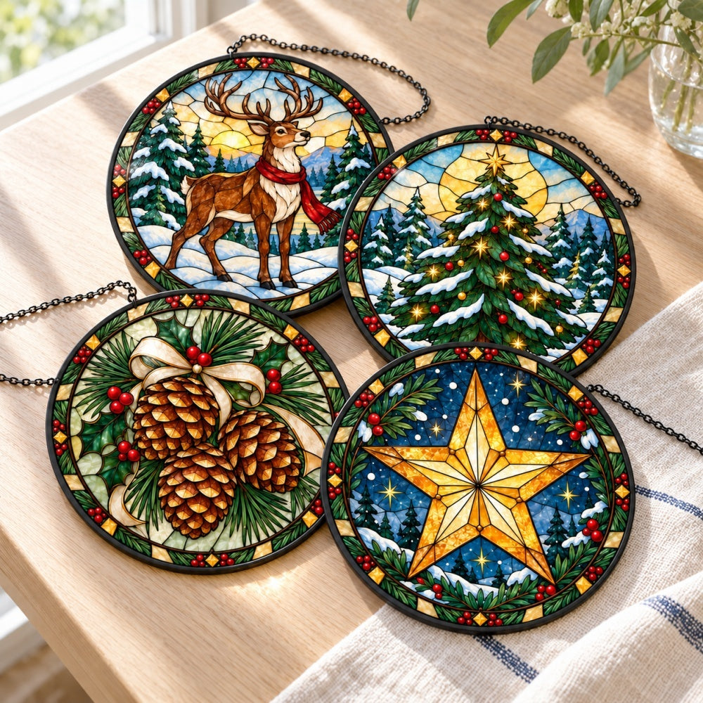 Stained Glass Suncatcher Set of 4 - Woodland Reindeer and Christmas Stars