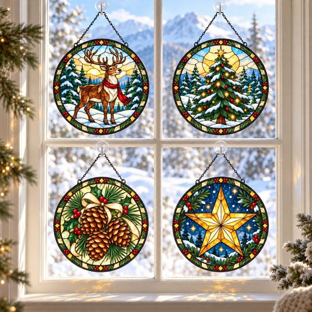 Stained Glass Suncatcher Set of 4 - Woodland Reindeer and Christmas Stars