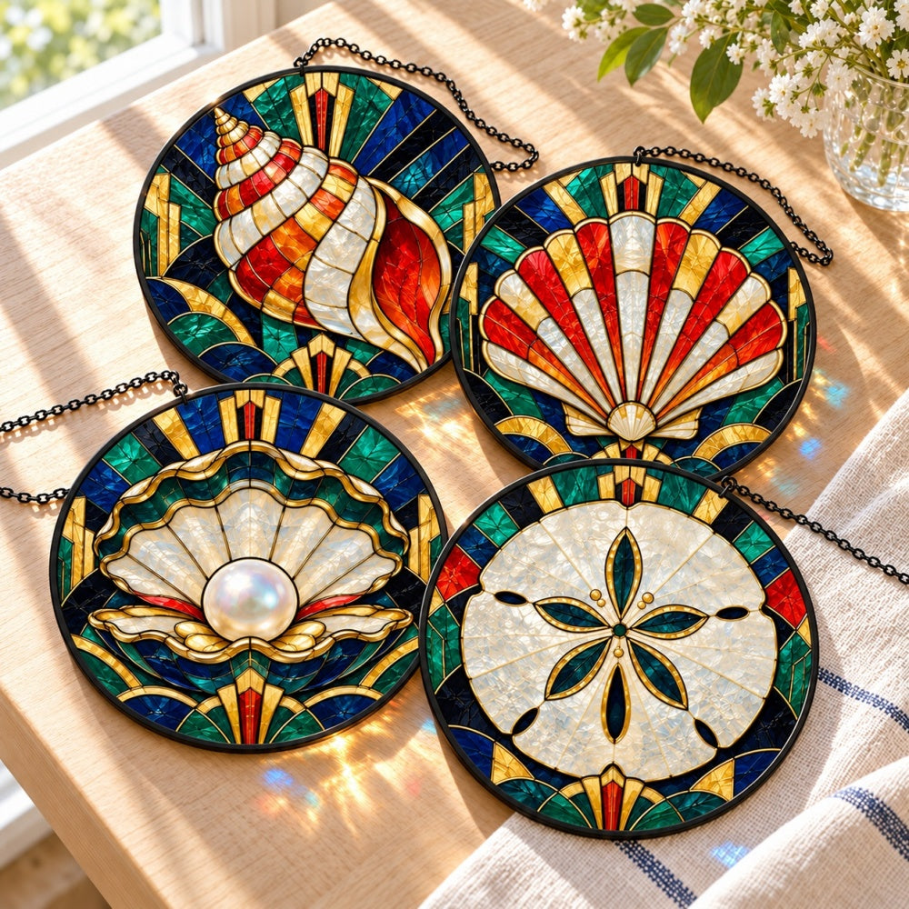 Stained Glass Suncatcher Set of 4 - Art Deco Ocean Jewels
