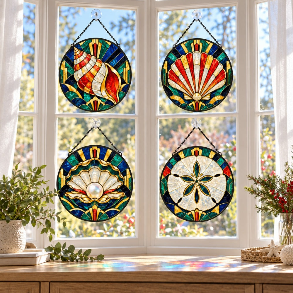 Stained Glass Suncatcher Set of 4 - Art Deco Ocean Jewels