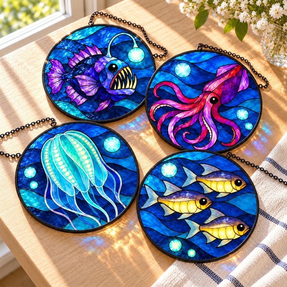 Stained Glass Suncatcher Set of 4 - Bioluminescent Abyss
