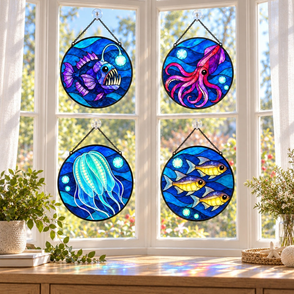 Stained Glass Suncatcher Set of 4 - Bioluminescent Abyss