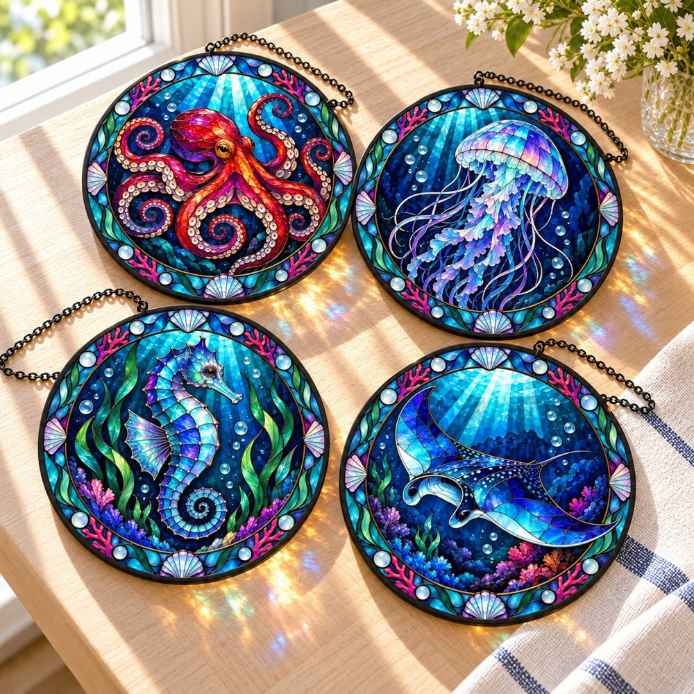 Stained Glass Suncatcher Set of 4 - Bioluminescent Deep Sea