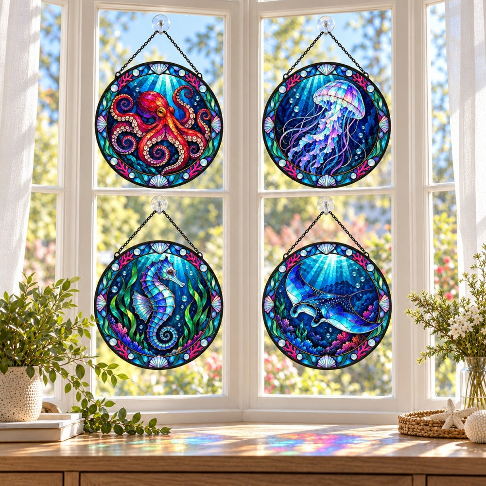 Stained Glass Suncatcher Set of 4 - Bioluminescent Deep Sea