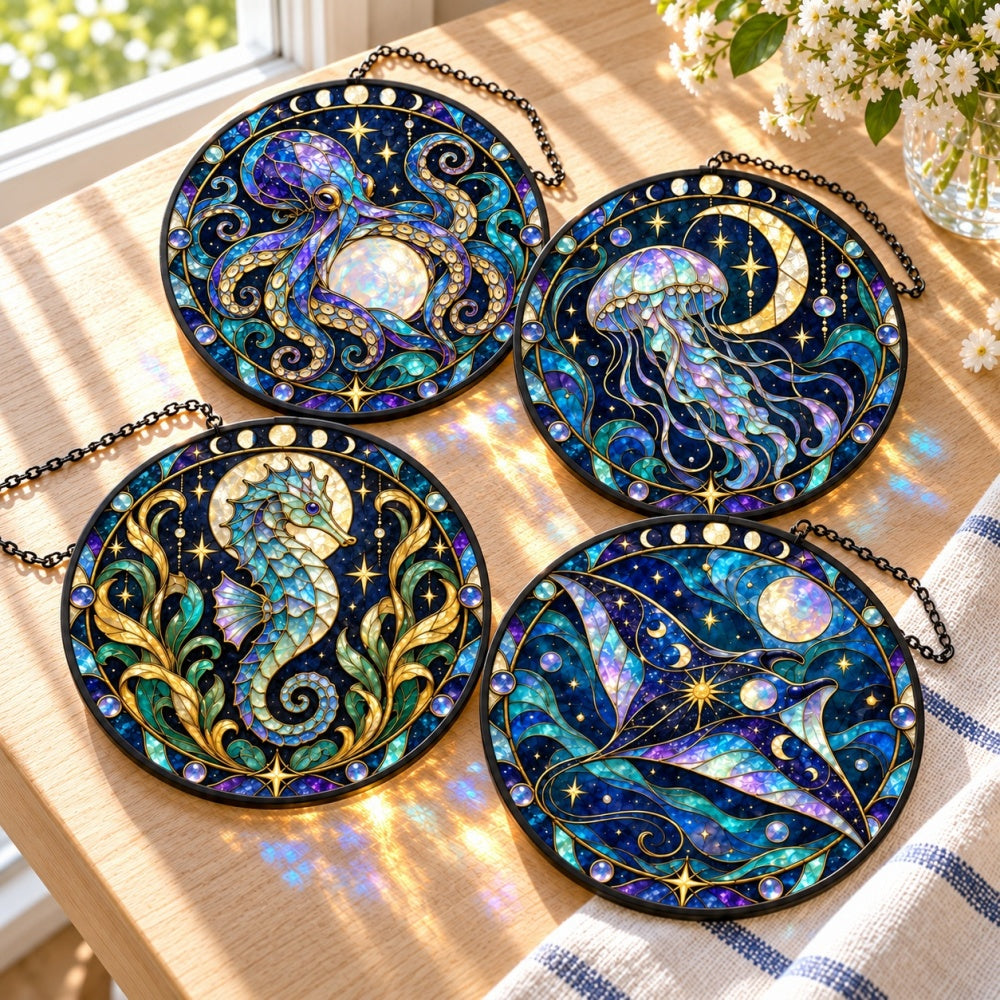 Stained Glass Suncatcher Set of 4 - Celestial Deep Sea Dreams