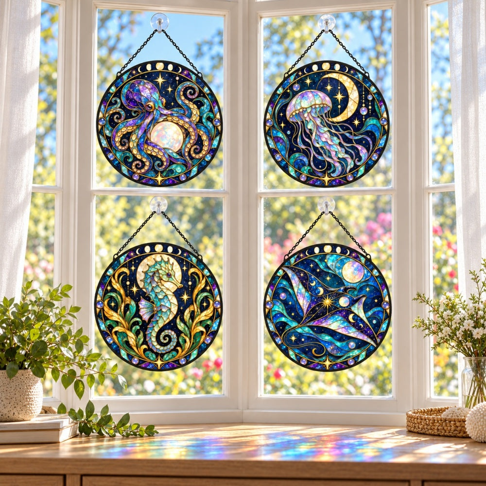 Stained Glass Suncatcher Set of 4 - Celestial Deep Sea Dreams
