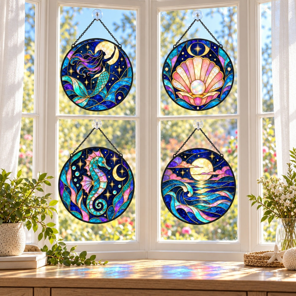 Stained Glass Suncatcher Set of 4 - Celestial Mermaid Dreams