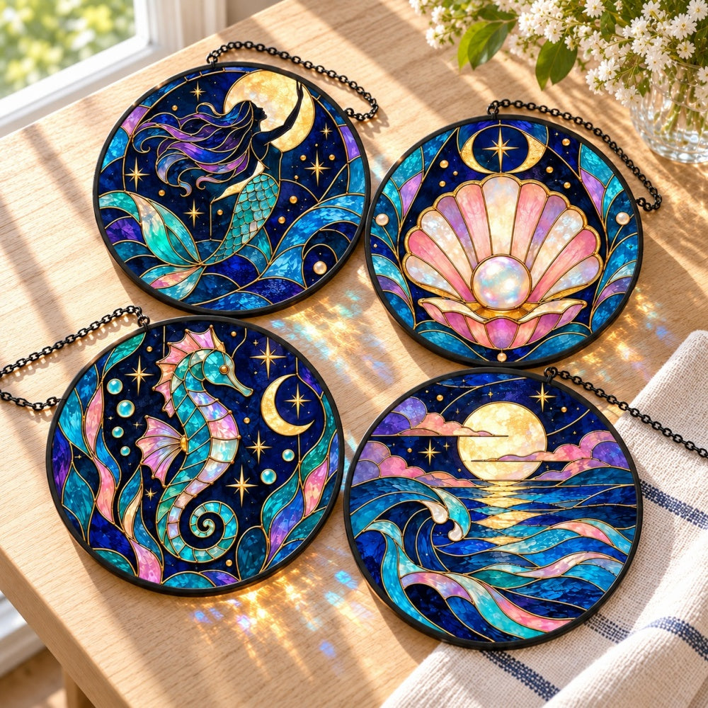 Stained Glass Suncatcher Set of 4 - Celestial Mermaid Dreams