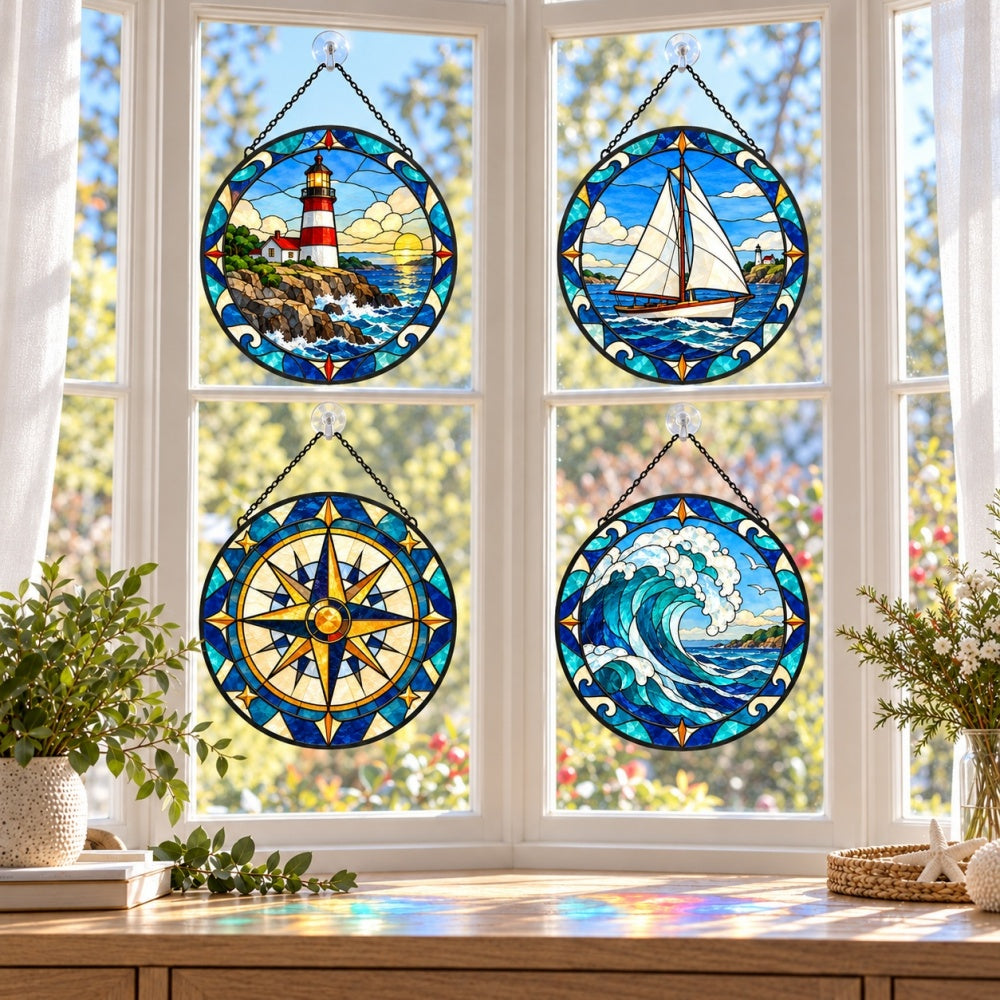 Stained Glass Suncatcher Set of 4 - Classic Coastal Lighthouse