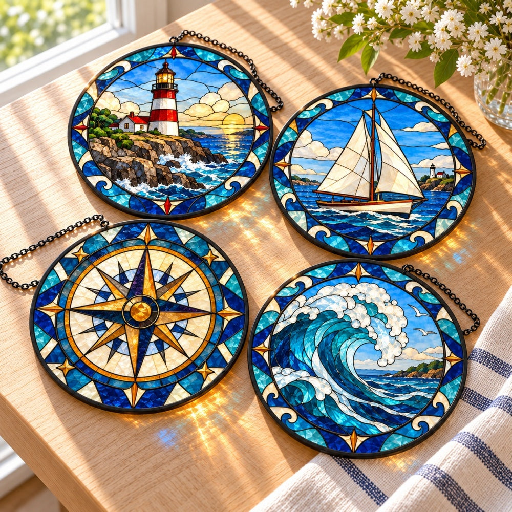 Stained Glass Suncatcher Set of 4 - Classic Coastal Lighthouse