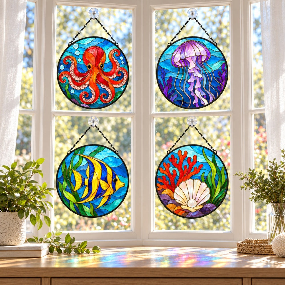 Stained Glass Suncatcher Set of 4 - Colorful Undersea World