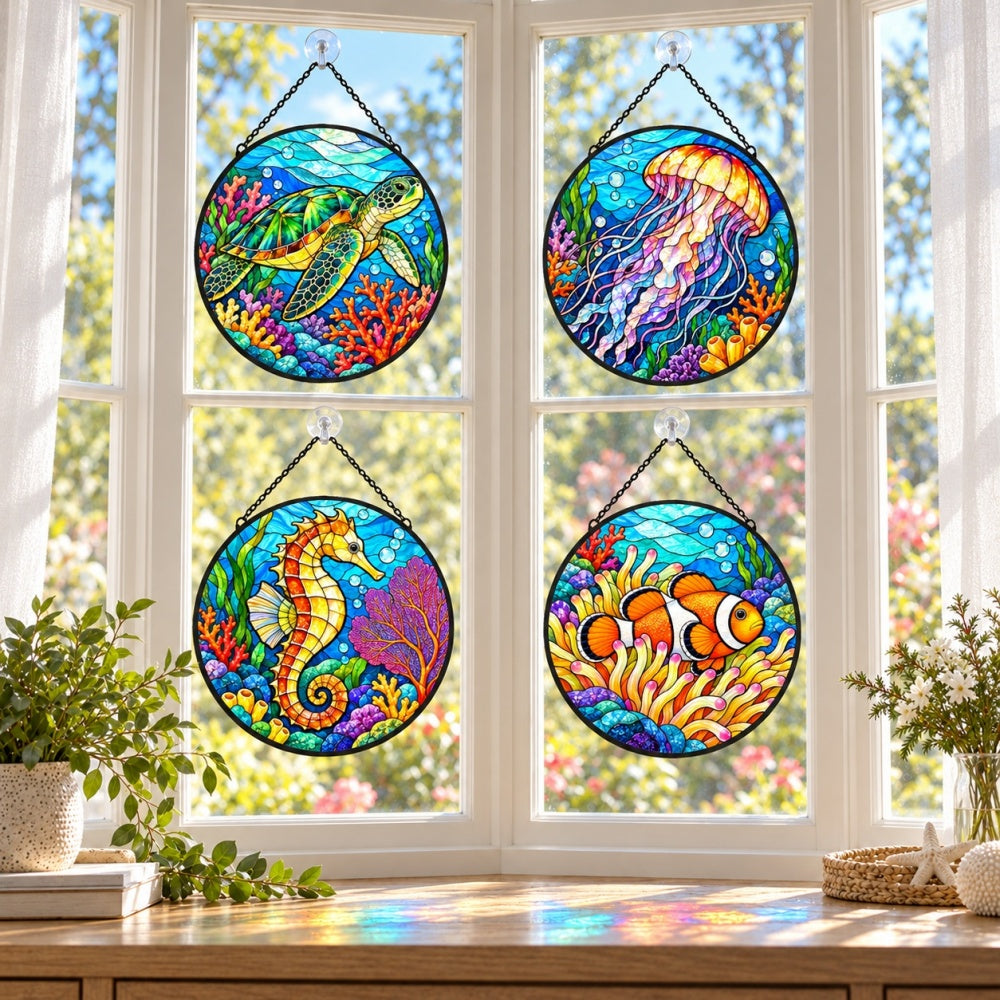 Stained Glass Suncatcher Set of 4 - Coral Reef Garden