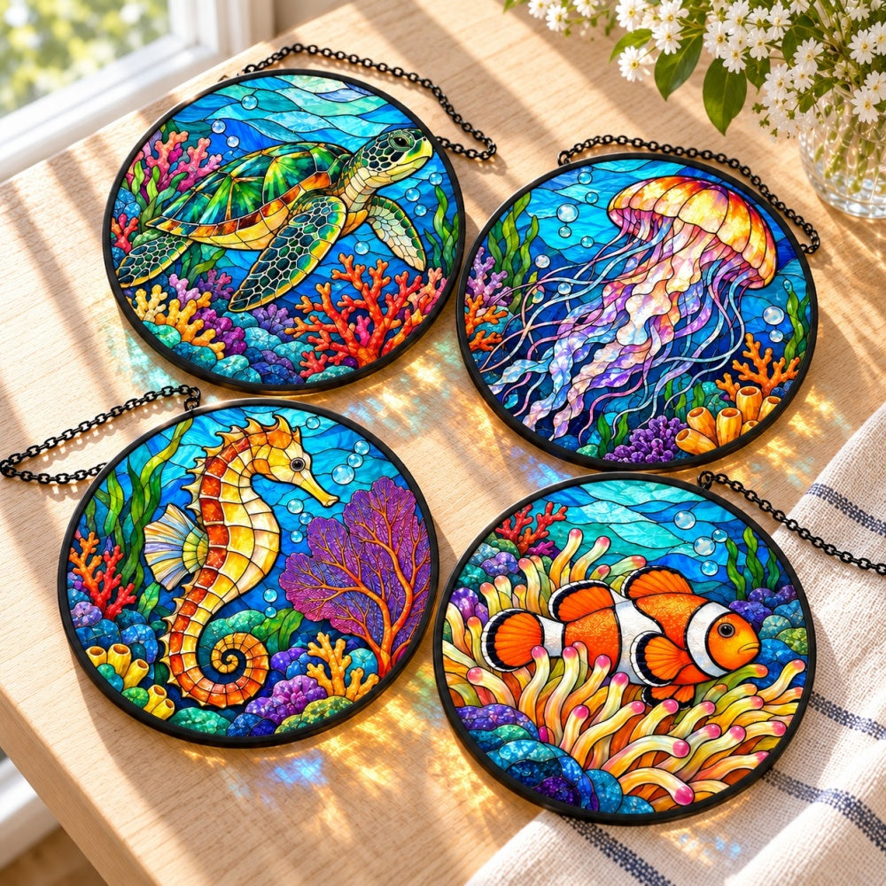 Stained Glass Suncatcher Set of 4 - Coral Reef Garden