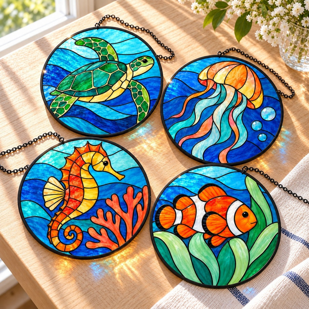 Stained Glass Suncatcher Set of 4 - Coral Reef Gardens