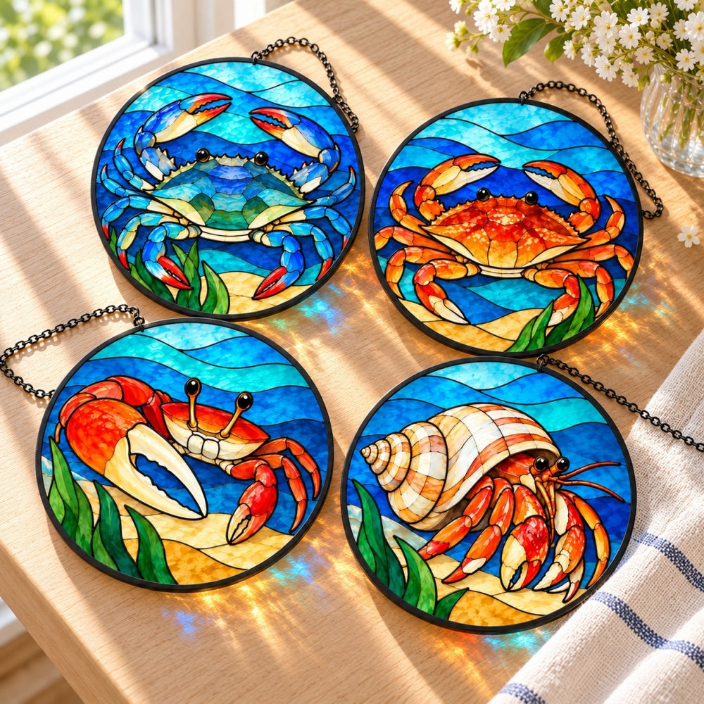 Stained Glass Suncatcher Set of 4 - Crab Family