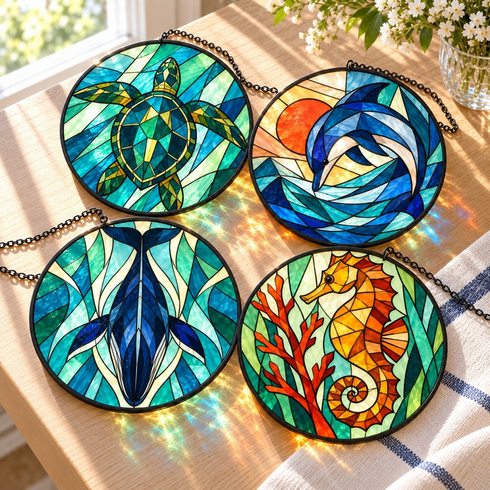 Stained Glass Suncatcher Set of 4 - Gentle Ocean Animals