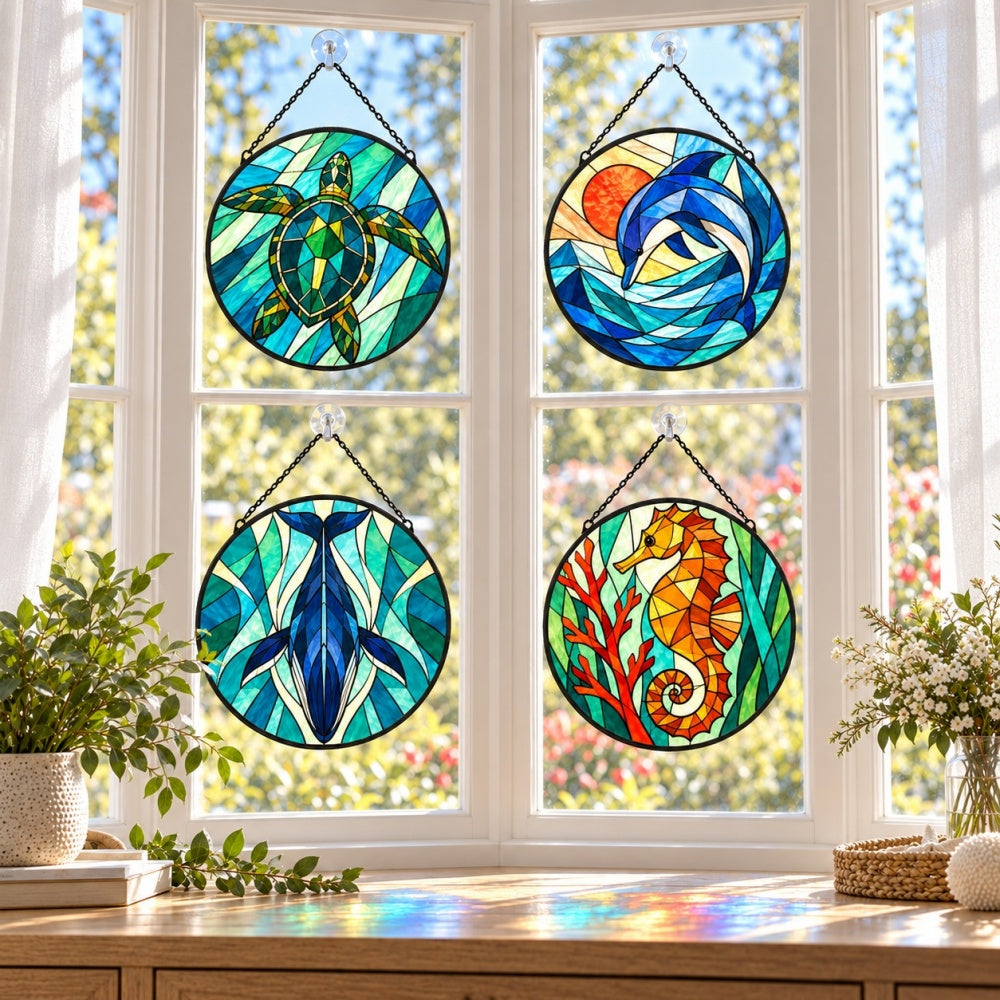Stained Glass Suncatcher Set of 4 - Gentle Ocean Animals