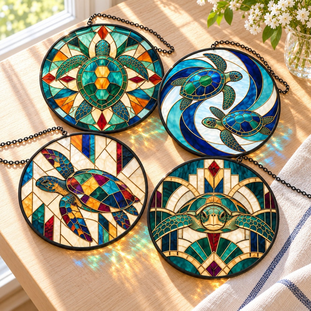 Stained Glass Suncatcher Set of 4 - Geometric Art Sea Turtle