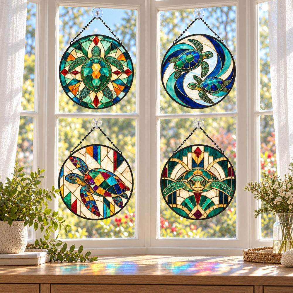 Stained Glass Suncatcher Set of 4 - Geometric Art Sea Turtle