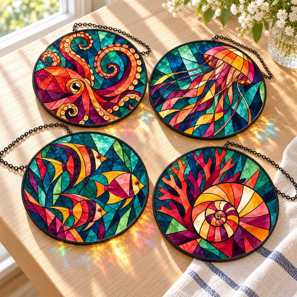 Stained Glass Suncatcher Set of 4 - Undersea World Animals