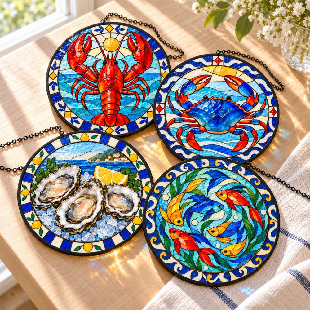 Stained Glass Suncatcher Set of 4 - Mediterranean Seafood Celebration