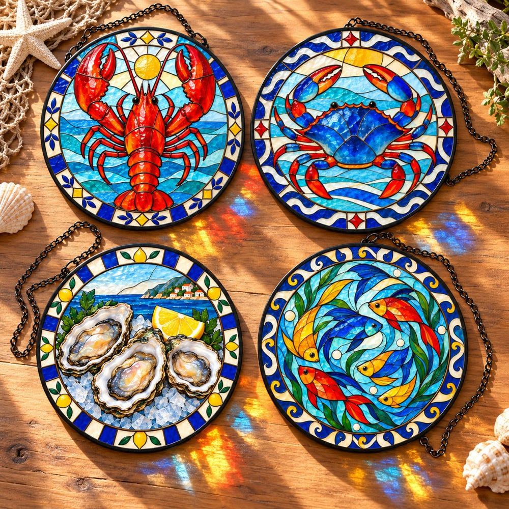 Stained Glass Suncatcher Set of 4 - Mediterranean Seafood Celebration
