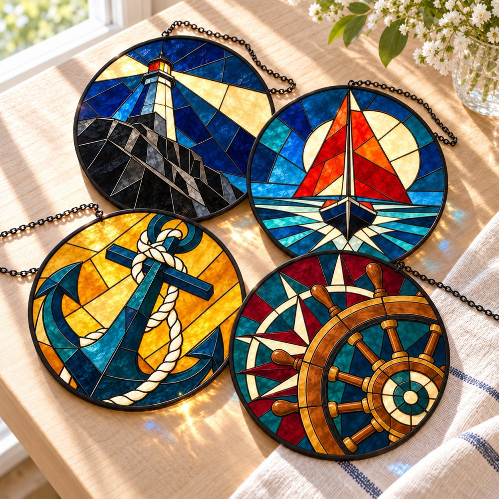 Stained Glass Suncatcher Set of 4 - Modern Nautical Voyage