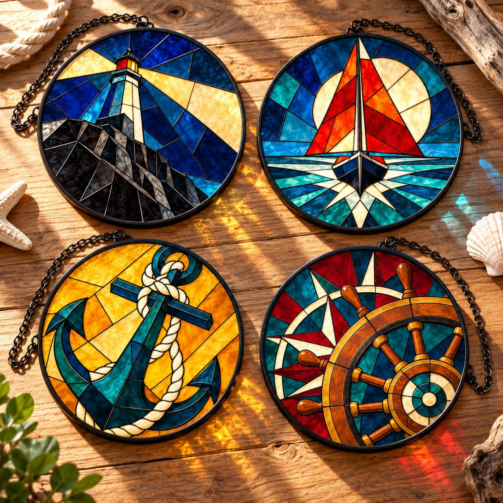 Stained Glass Suncatcher Set of 4 - Modern Nautical Voyage