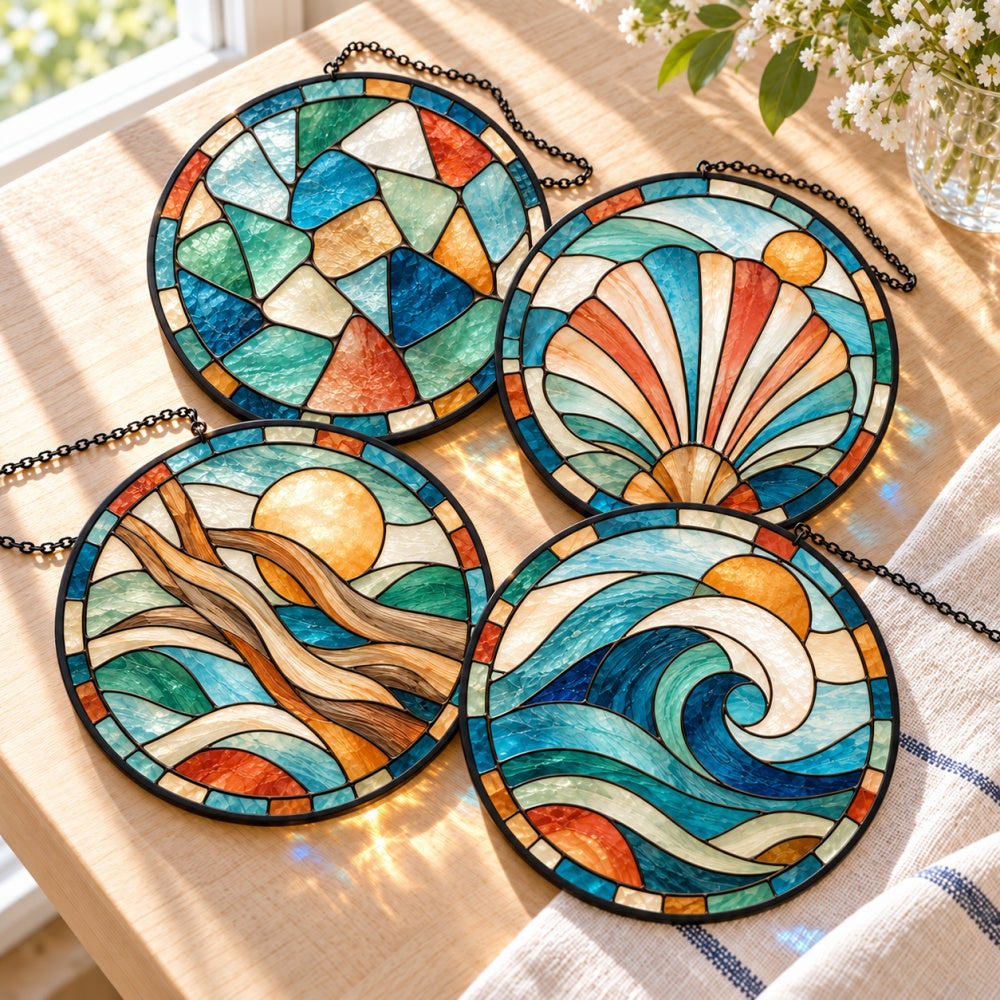 Stained Glass Suncatcher Set of 4 - Modern Sea Glass Mosaic