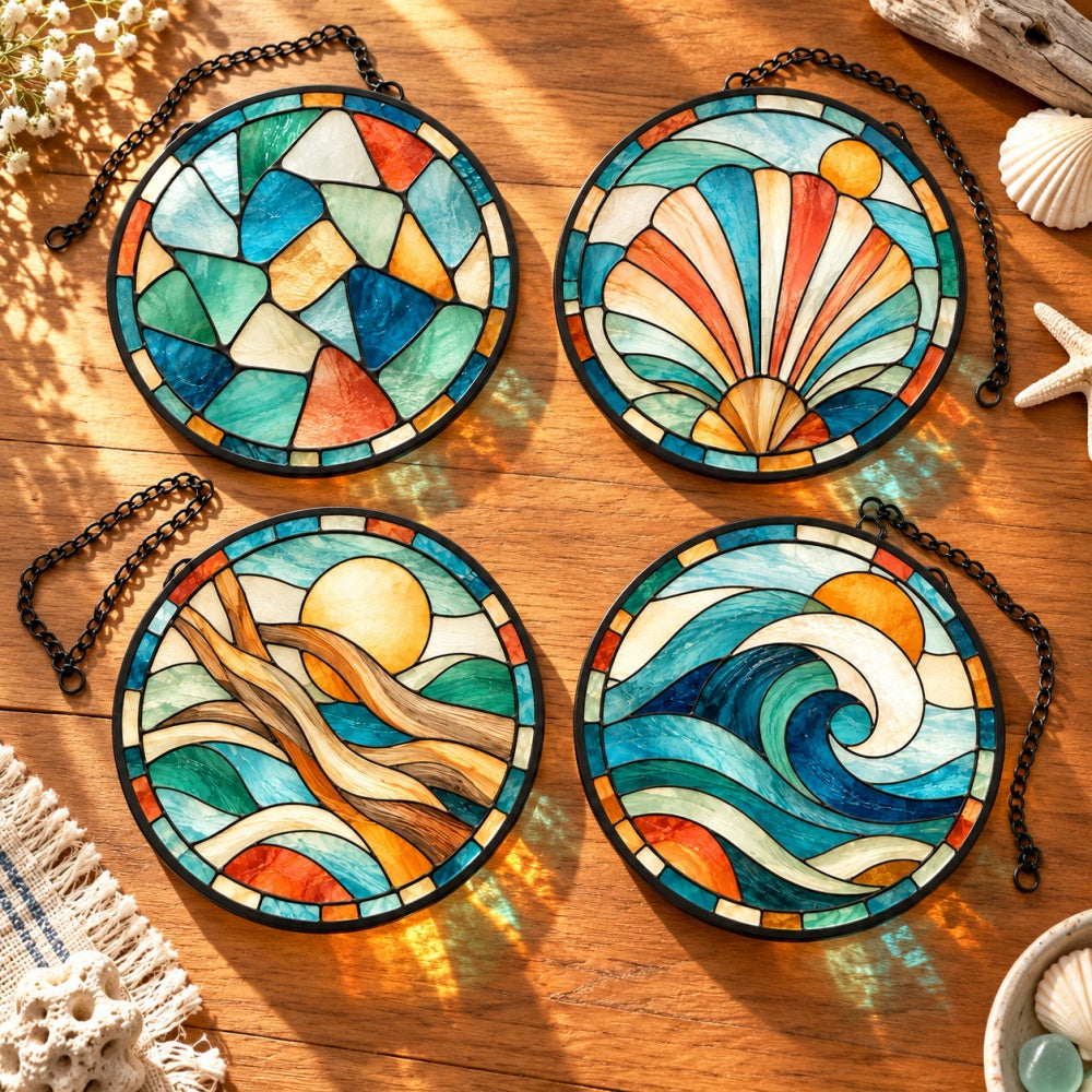 Stained Glass Suncatcher Set of 4 - Modern Sea Glass Mosaic