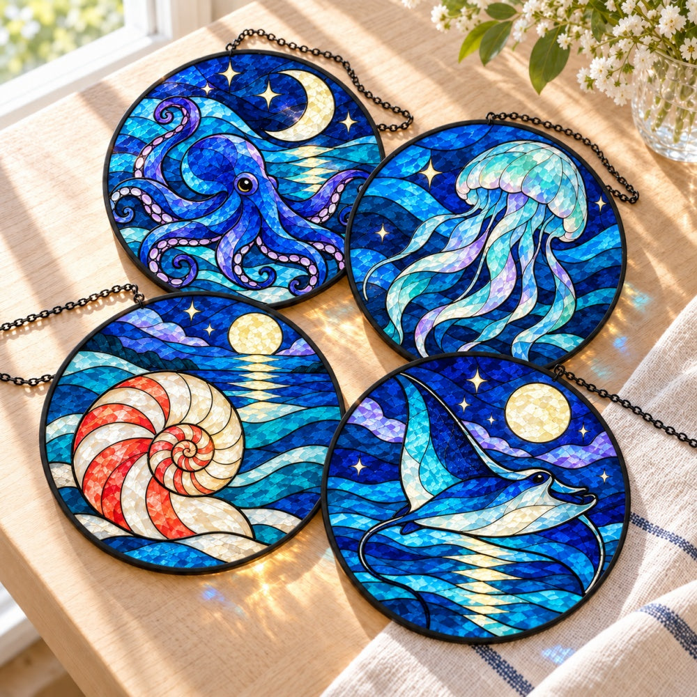 Stained Glass Suncatcher Set of 4 - Moonlit Ocean Mystery