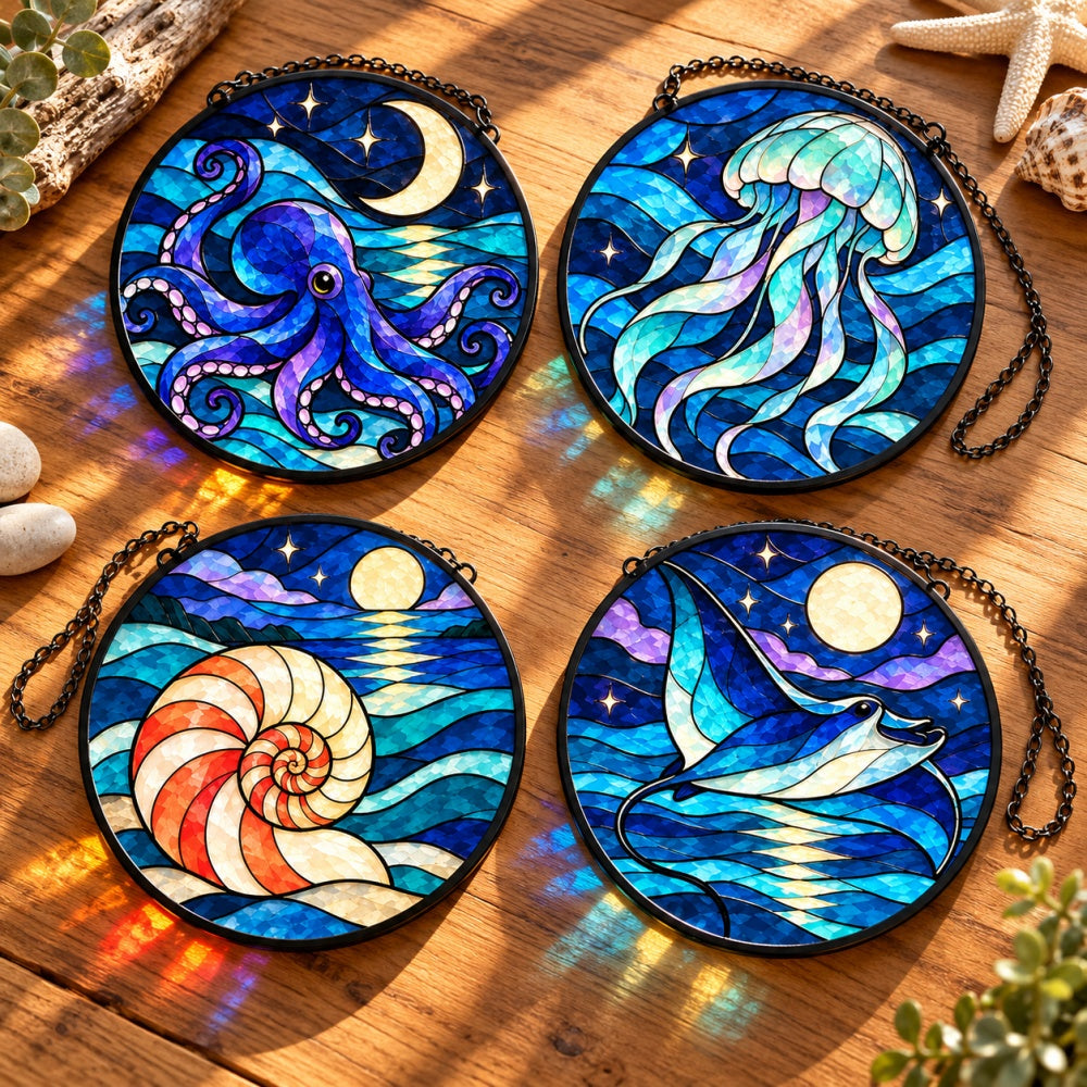 Stained Glass Suncatcher Set of 4 - Moonlit Ocean Mystery