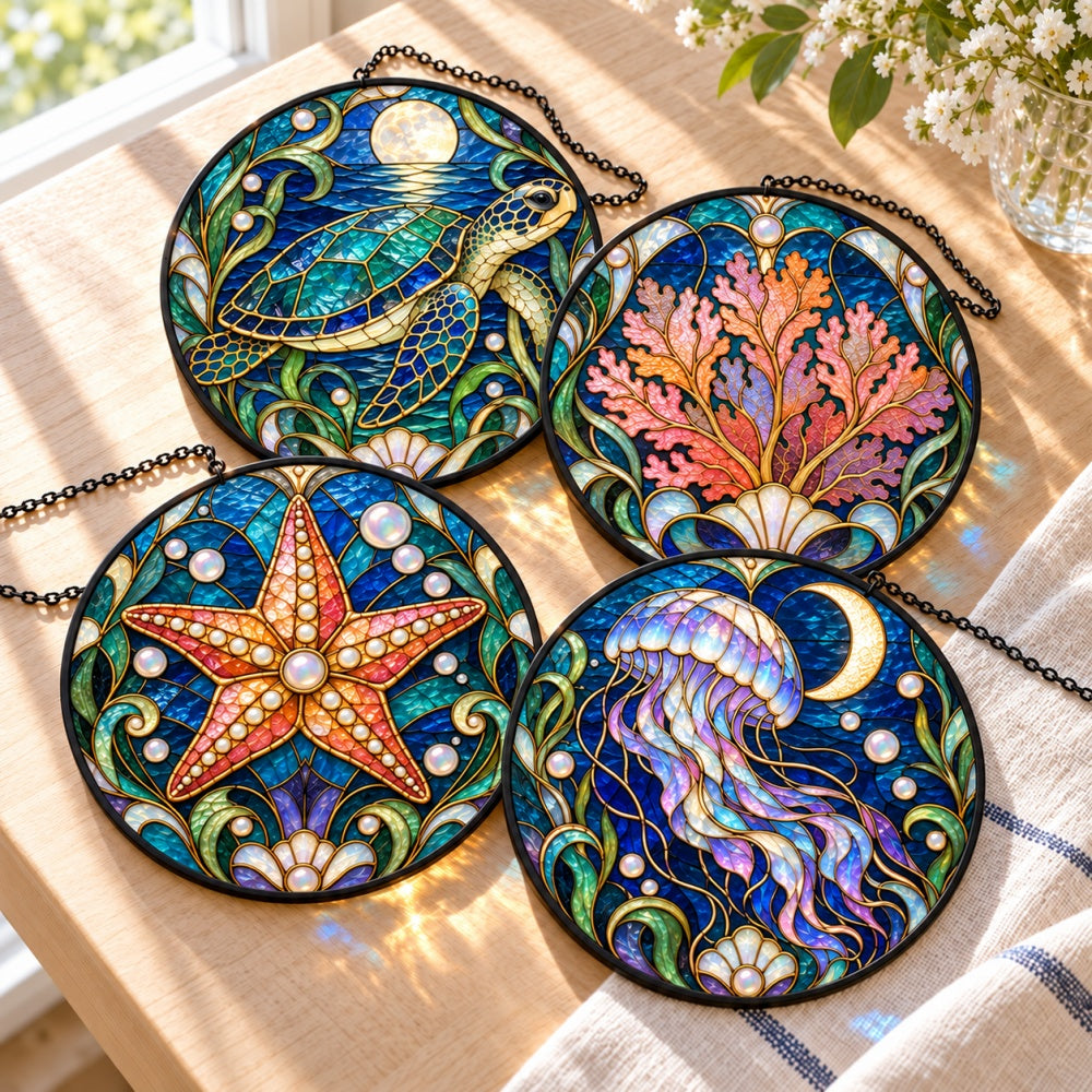 Stained Glass Suncatcher Set of 4 - Moonlit Turtle Lagoon