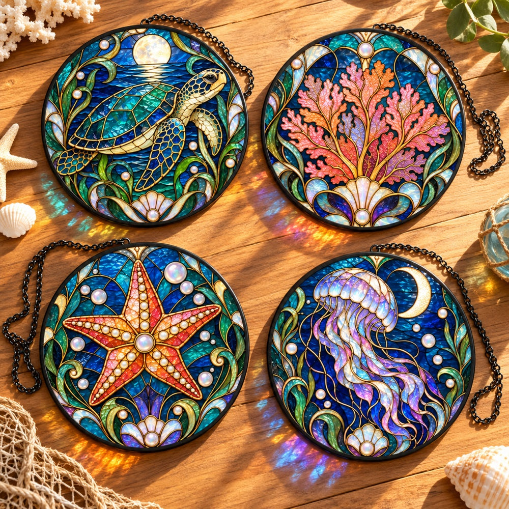 Stained Glass Suncatcher Set of 4 - Moonlit Turtle Lagoon