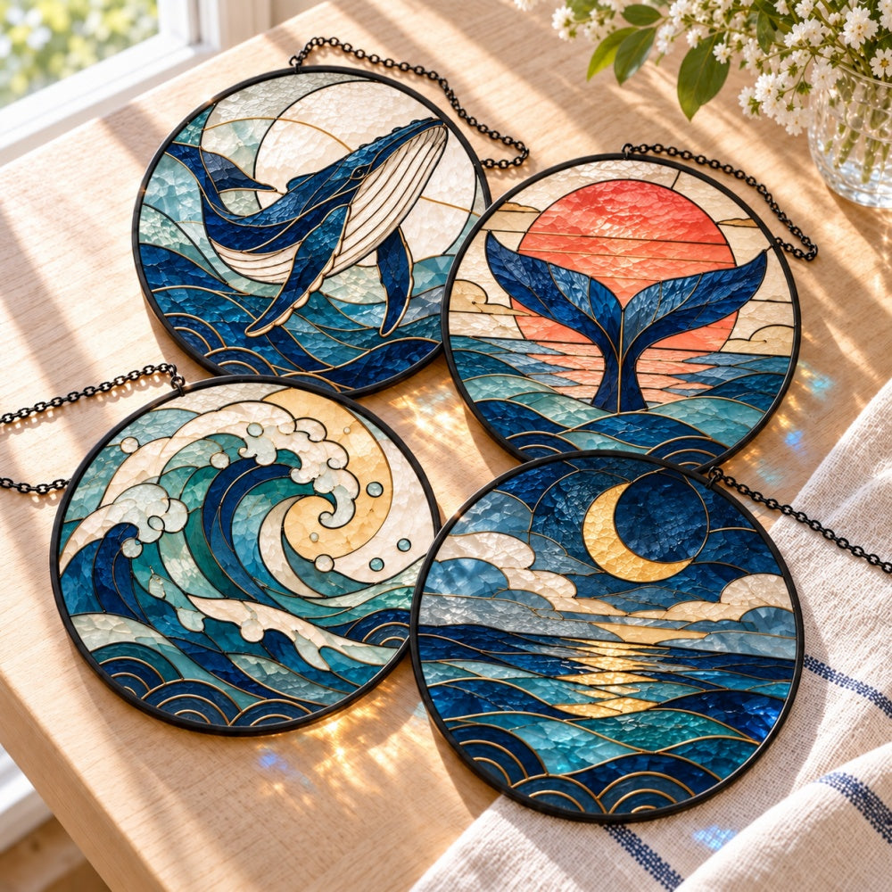Stained Glass Suncatcher Set of 4 - Moonlit Whale & Waves