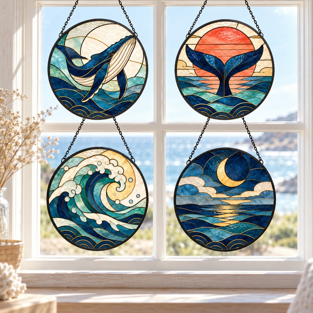 Stained Glass Suncatcher Set of 4 - Moonlit Whale & Waves