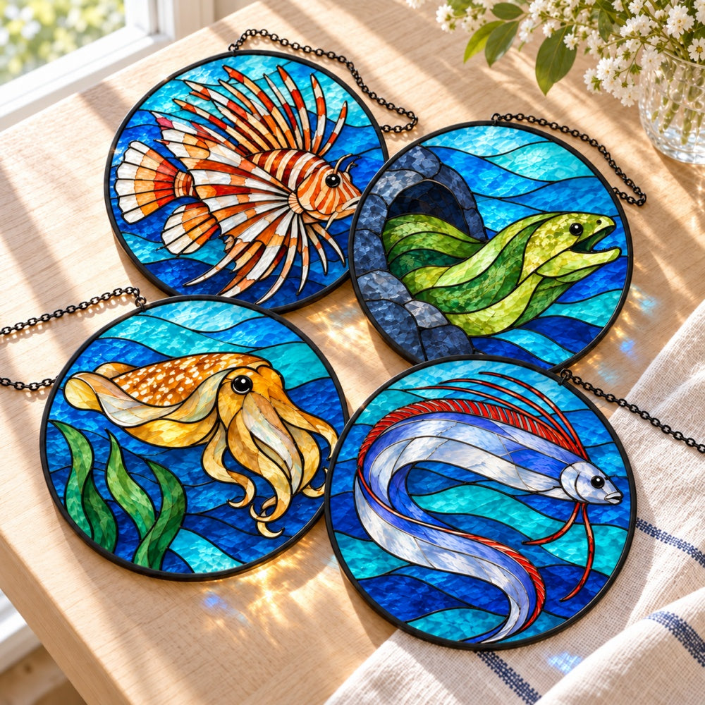 Stained Glass Suncatcher Set of 4 - Mysterious Deep Reef