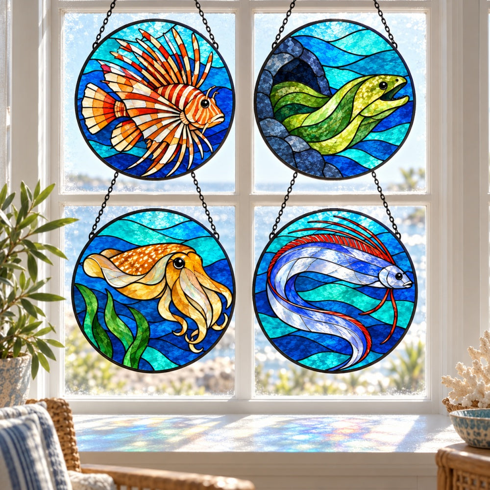 Stained Glass Suncatcher Set of 4 - Mysterious Deep Reef