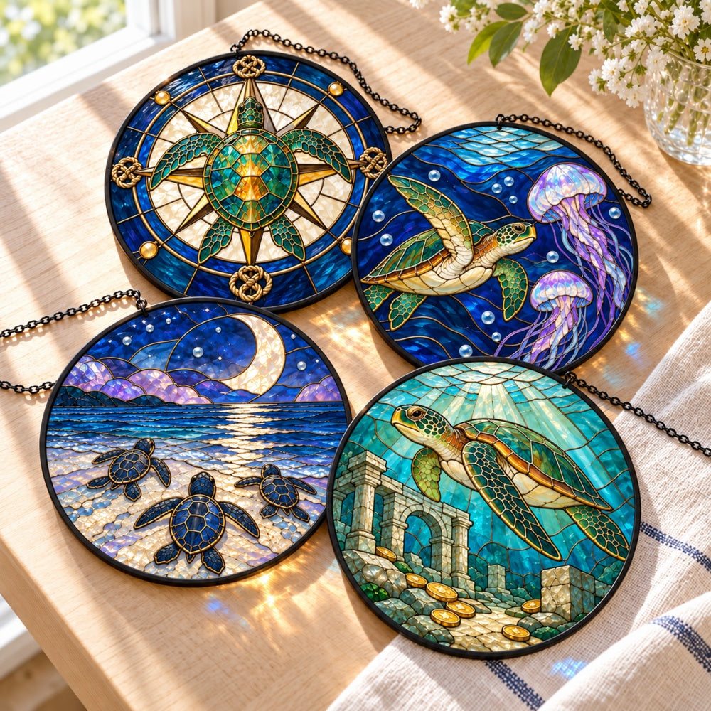 Stained Glass Suncatcher Set of 4 - Mysterious Sea Turtle Voyage