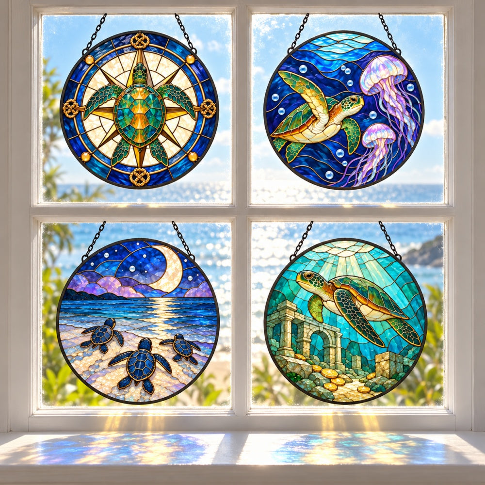 Stained Glass Suncatcher Set of 4 - Mysterious Sea Turtle Voyage