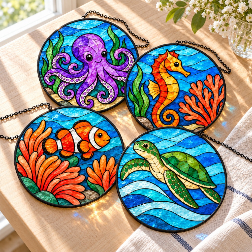 Stained Glass Suncatcher Set of 4 - Octopus Coral Garden