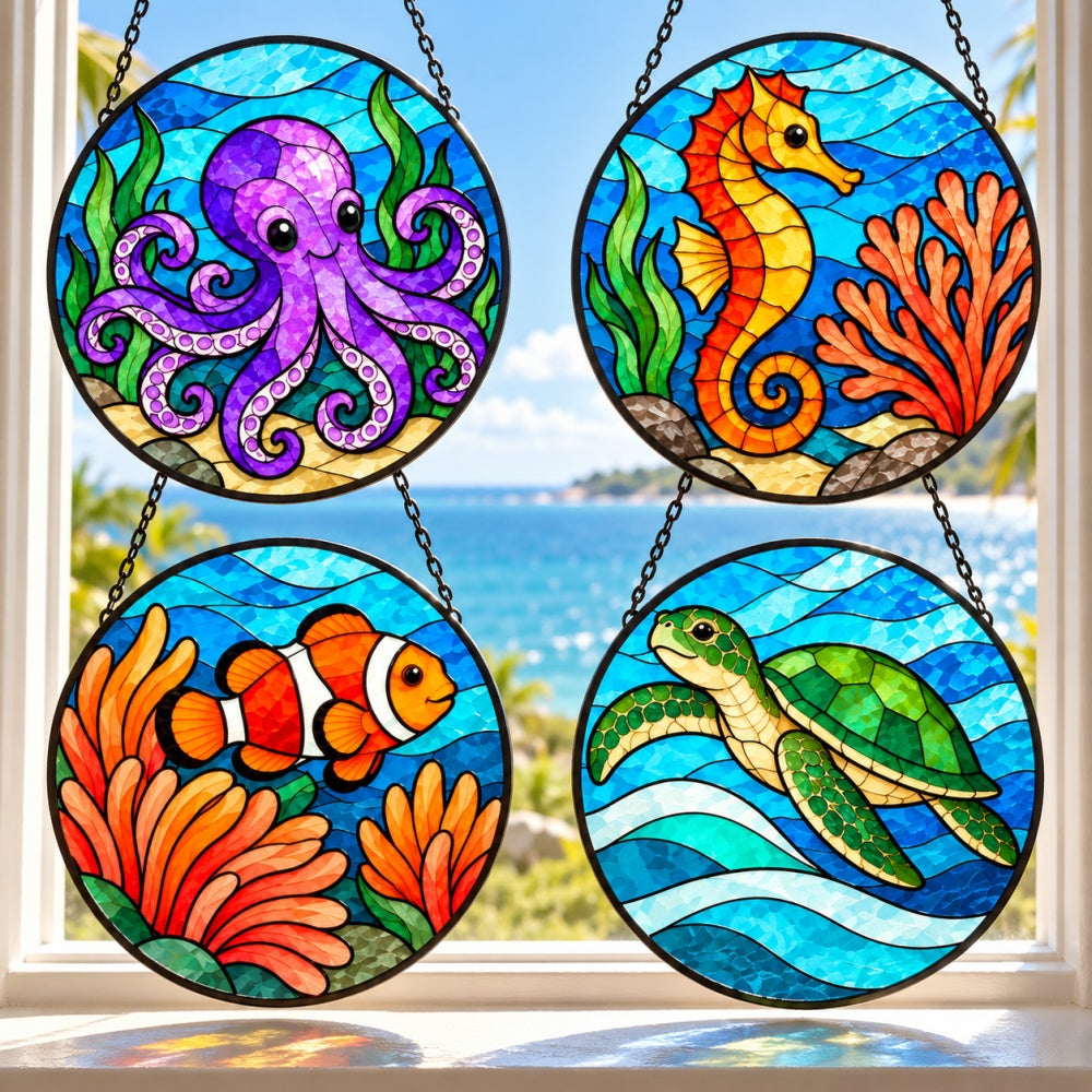 Stained Glass Suncatcher Set of 4 - Octopus Coral Garden