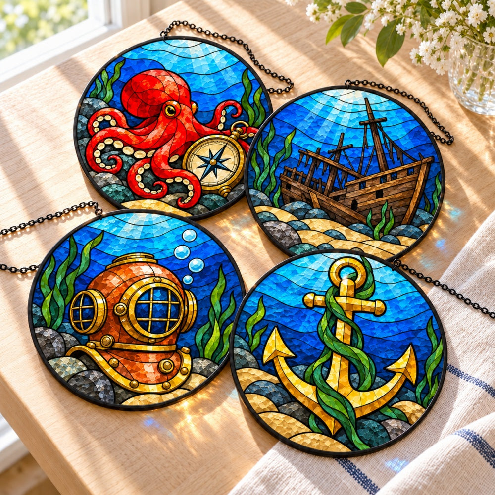 Stained Glass Suncatcher Set of 4 - Octopus Nautical Adventure