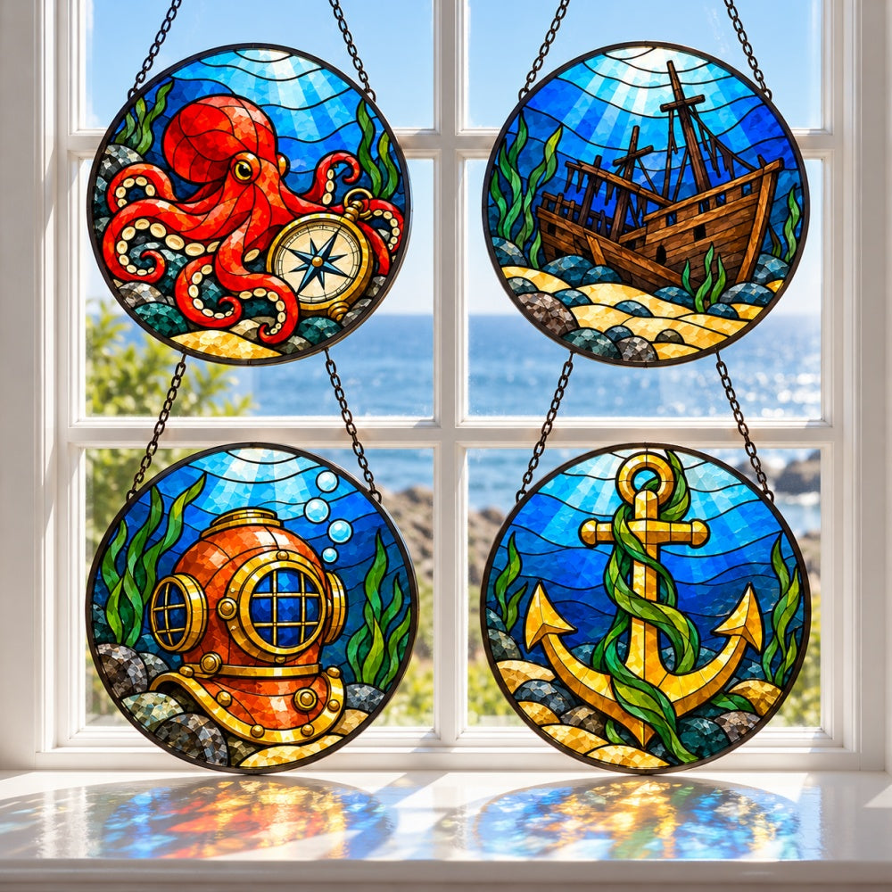 Stained Glass Suncatcher Set of 4 - Octopus Nautical Adventure