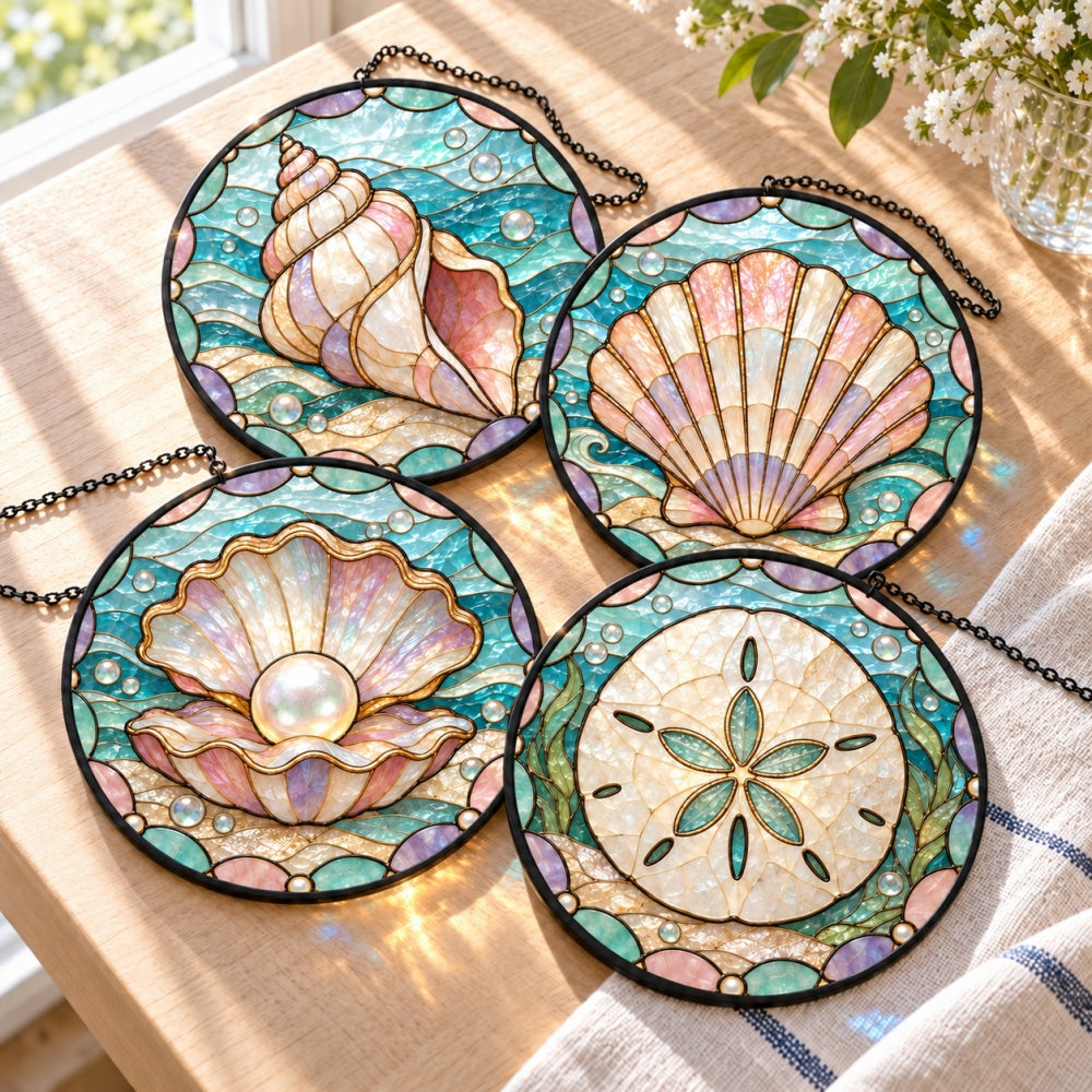 Stained Glass Suncatcher Set of 4 - Pastel Ocean Treasures