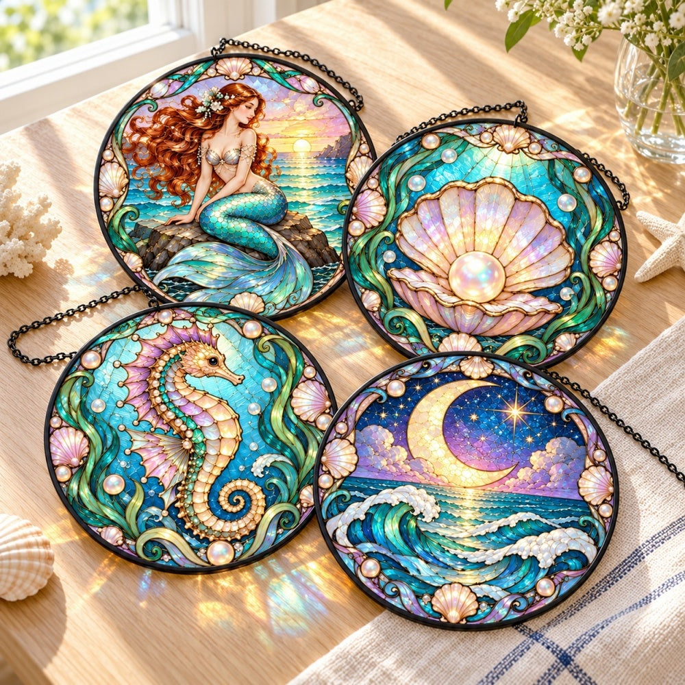 Stained Glass Suncatcher Set of 4 - Pearl Lagoon Mermaid