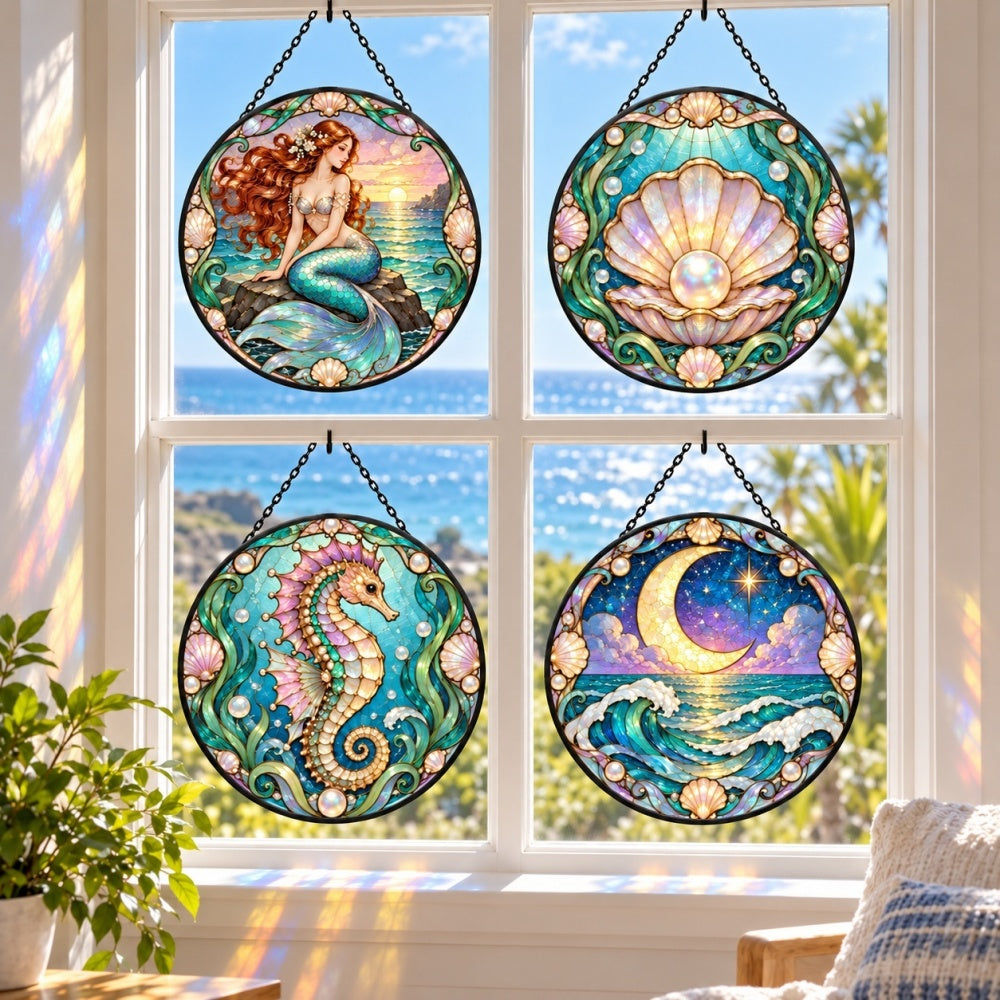 Stained Glass Suncatcher Set of 4 - Pearl Lagoon Mermaid