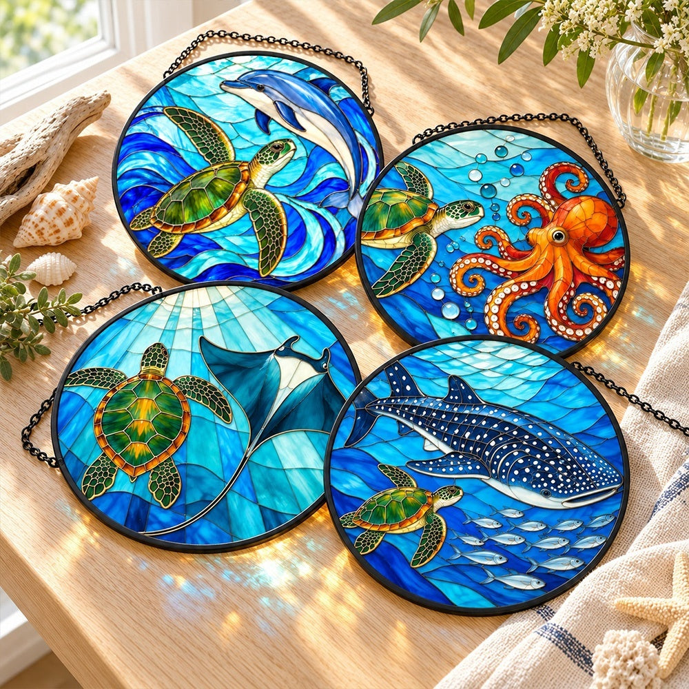 Stained Glass Suncatcher Set of 4 - Sea Turtles and Ocean Companions